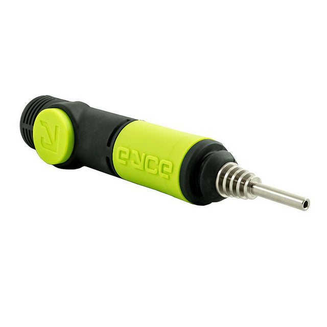 EYCE Collector in Creature Green, silicone hammer-style dab rig with titanium tip, side view on white