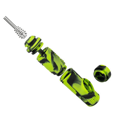 Eyce Collector in green silicone with titanium dab straw, 6" showerhead percolator, angled view