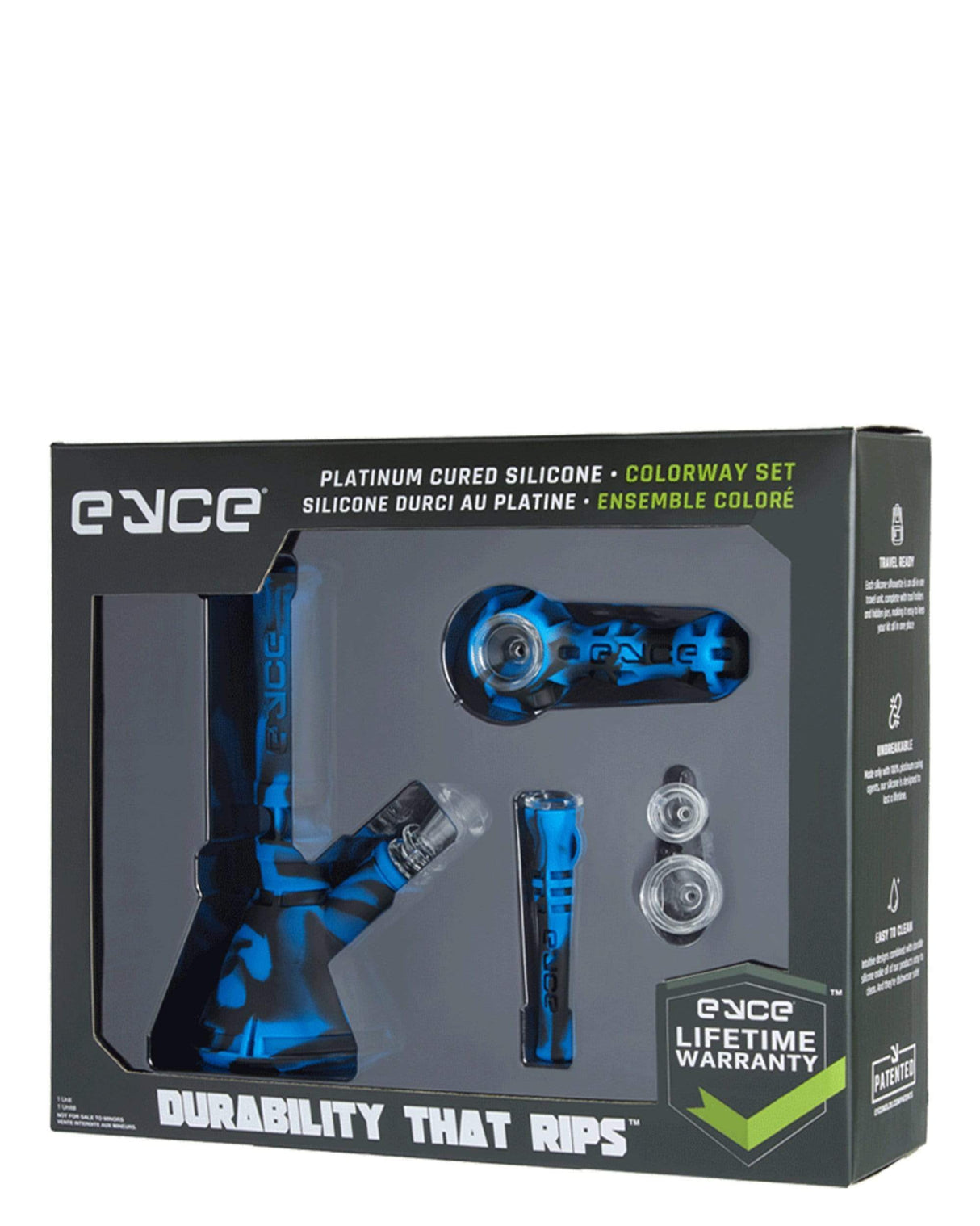 Eyce Colorway Boxed Set featuring silicone bong and accessories in blue, front view on black background