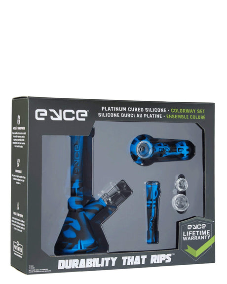 Eyce Colorway Boxed Set featuring silicone bong and accessories in blue, front view on white background