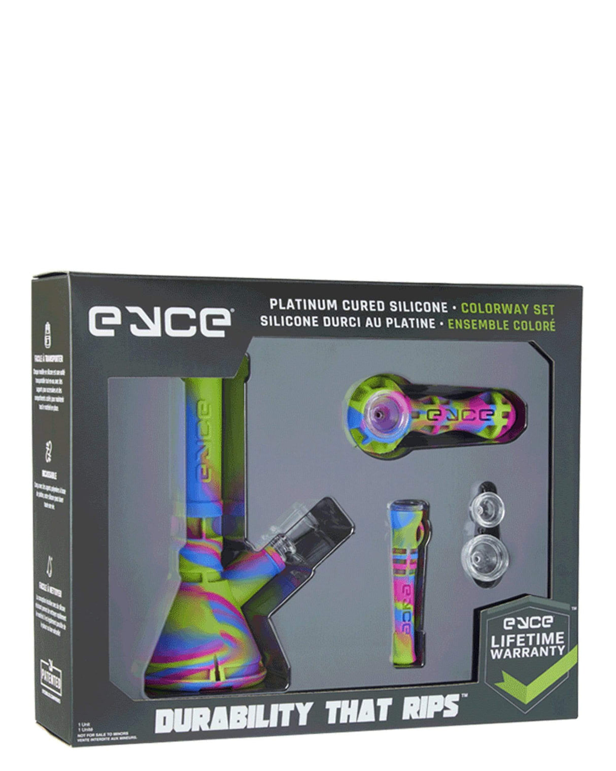 Eyce Colorway Boxed Set featuring silicone bong and accessories with glow in the dark option