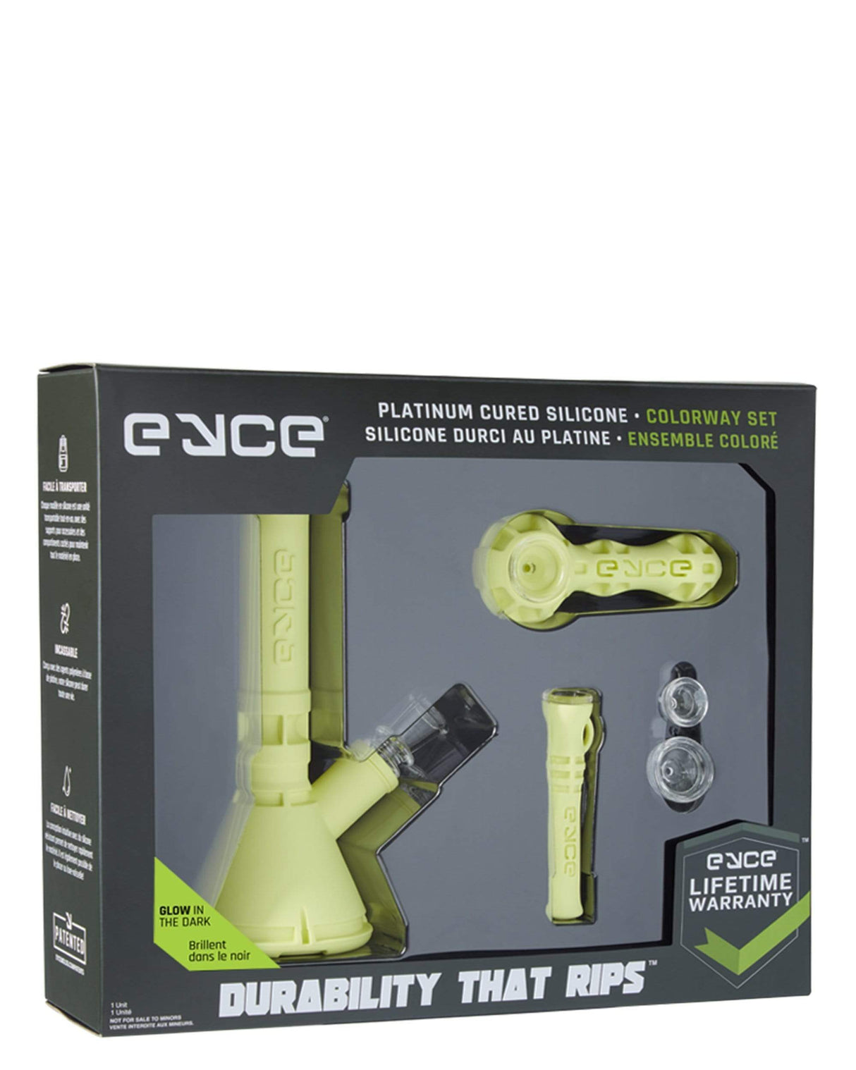 Eyce Colorway Boxed Set featuring silicone bong and accessories in green, front view