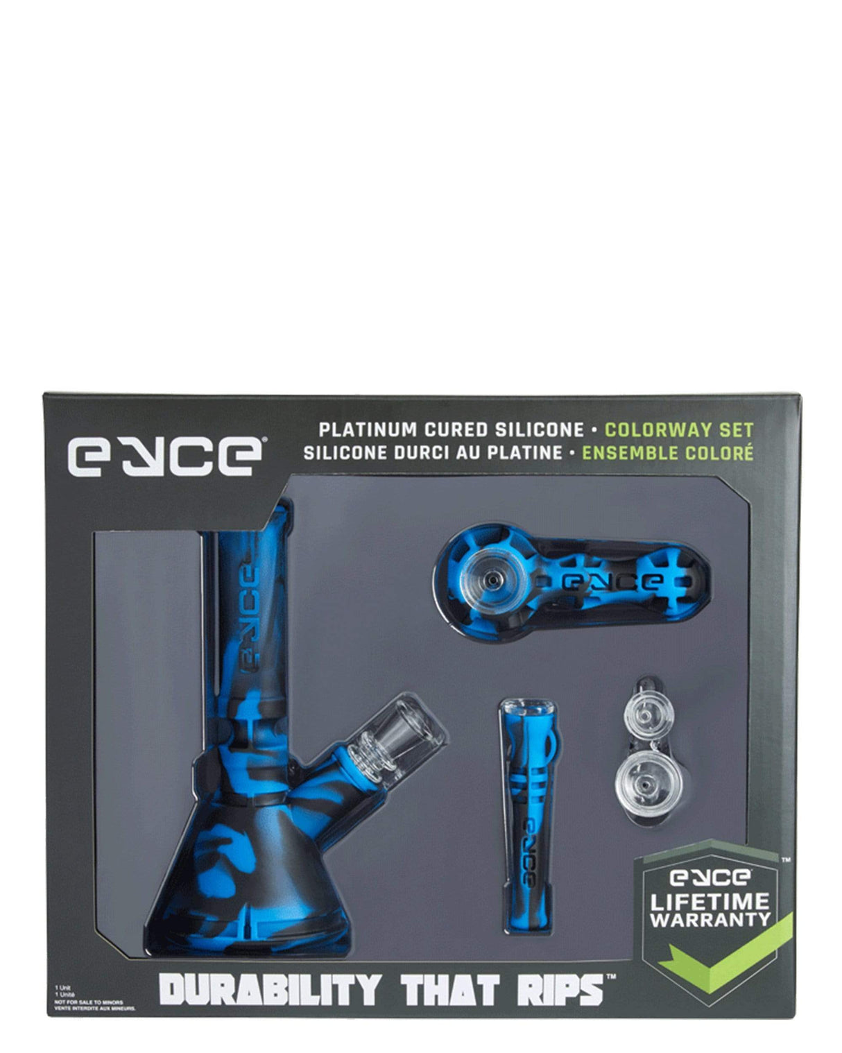 Eyce Colorway Boxed Set in Deep Blue with Silicone Bong, Pipe, and Accessories Front View