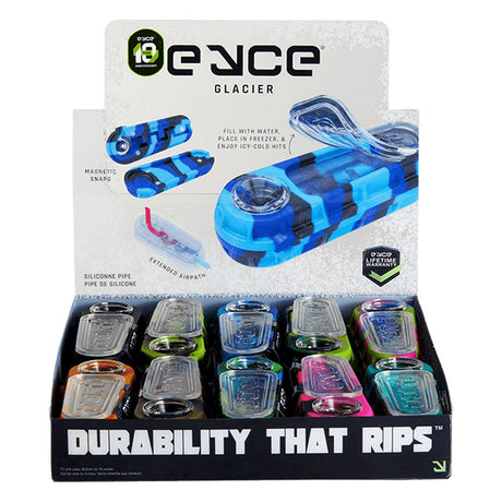 Eyce Glacier Spoon Pipe display with 10 silicone pipes in assorted colors, front view