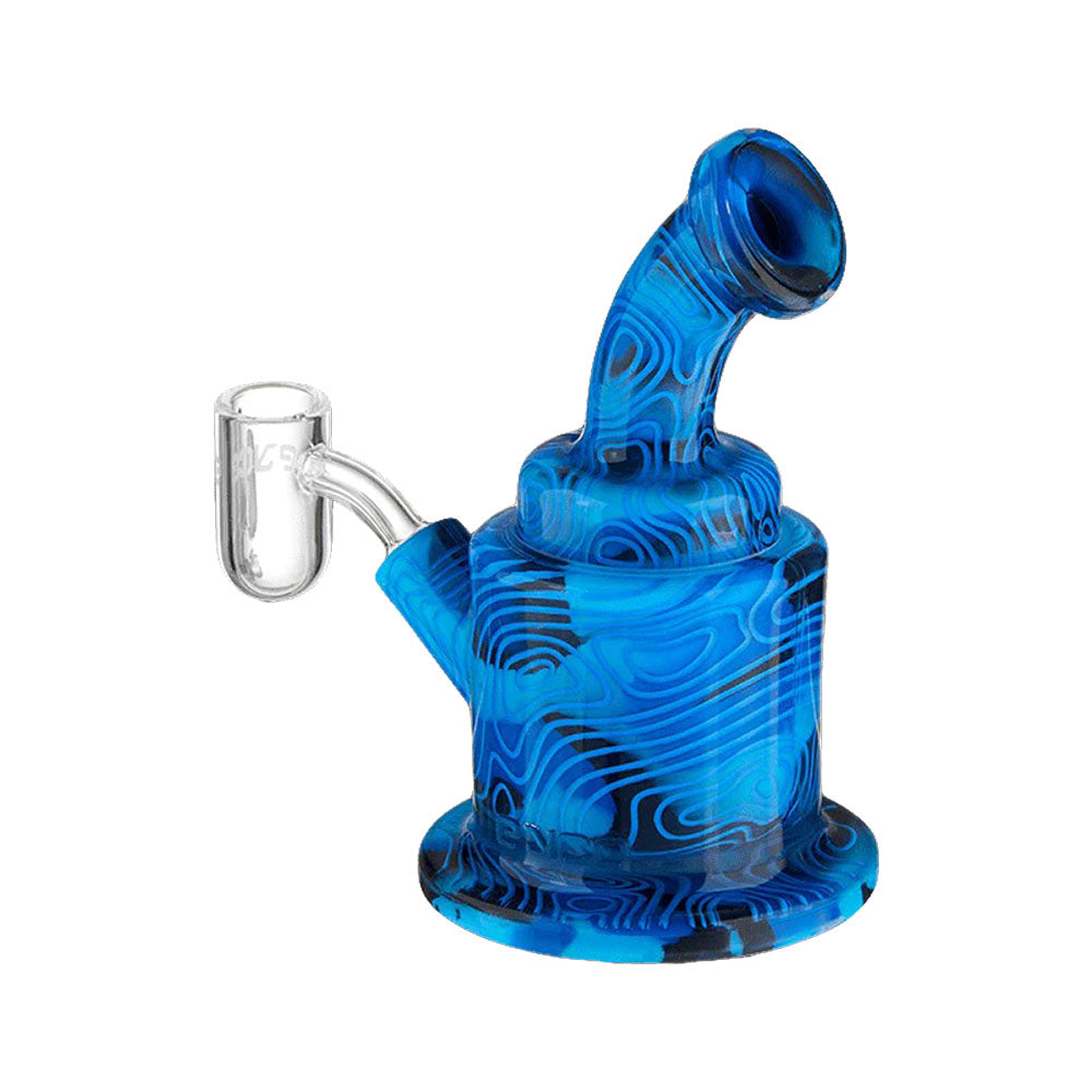 Eyce Oraflex Silicone Dab Rig in blue swirl design, 5" tall with a 10mm female joint - Side View