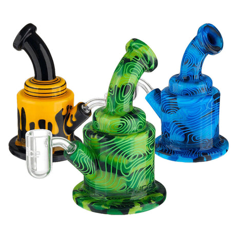 Eyce Oraflex Silicone Dab Rigs in green, yellow, and blue swirl designs with 10mm female joint