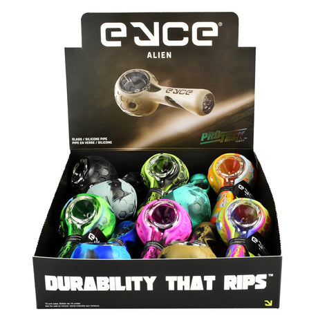 Eyce ProTeck Alien Spoon Pipes in assorted colors displayed in box, silicone 4.5" hand pipes for dry herbs