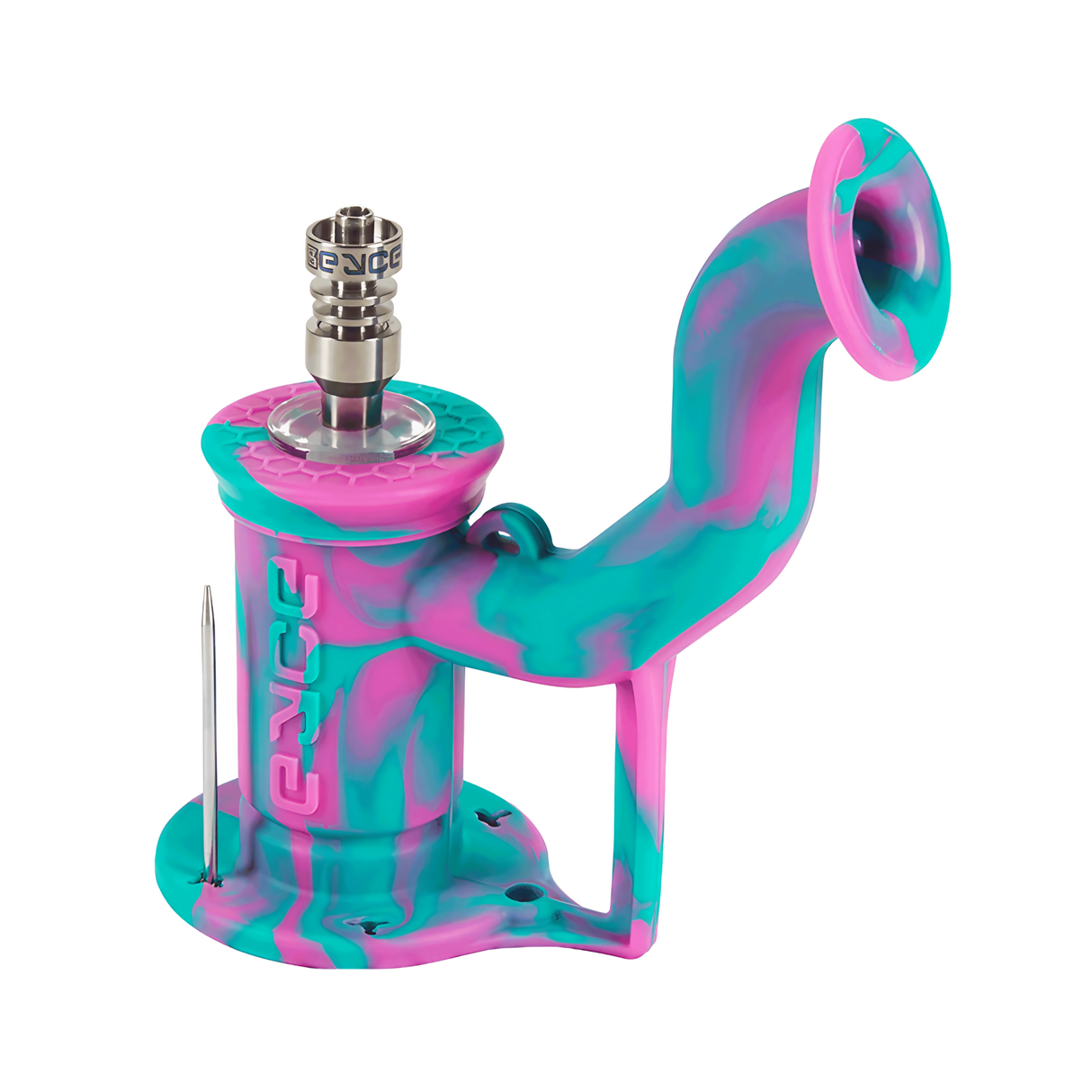 EYCE Rig 2.0 Dab Rig in Coral Reef Pink/Teal with Titanium Nail - Angled Side View