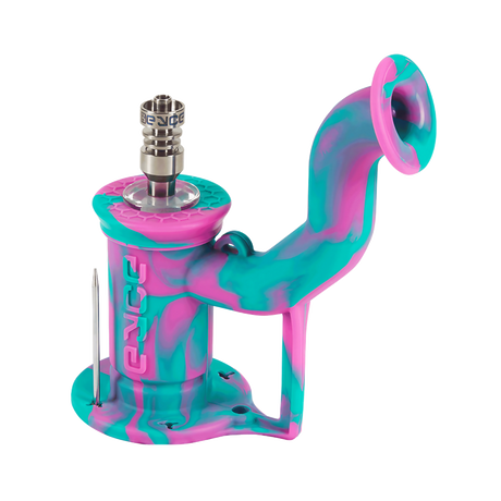 EYCE Rig 2.0 Dab Rig in Coral Reef Pink/Teal with Titanium Nail - Angled Side View