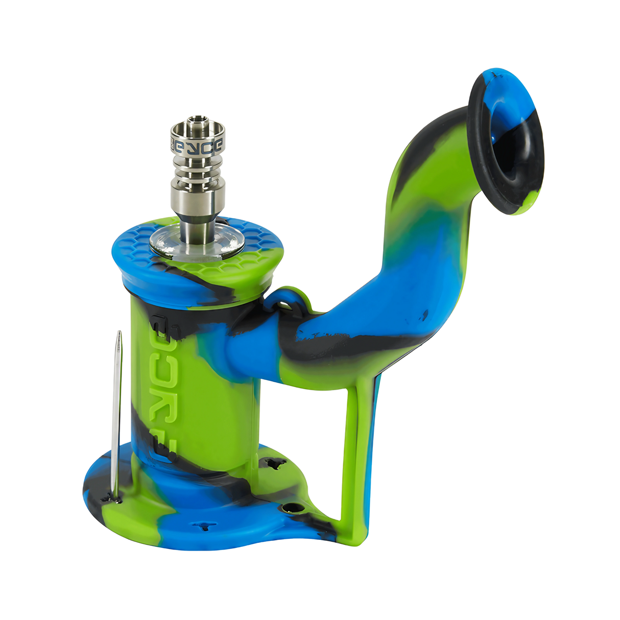 EYCE Rig 2.0 Silicone Dab Rig in Estonia Green/Blue with Titanium Nail - Angled Side View