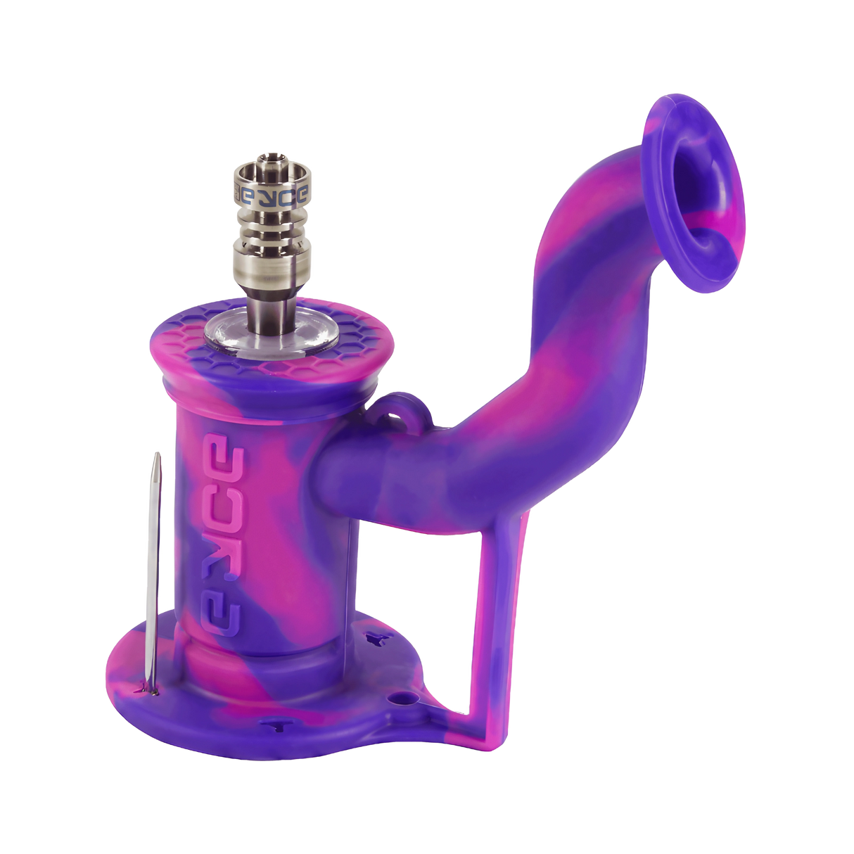 EYCE Rig 2.0 silicone dab rig in Flower Purple with titanium nail, angled side view