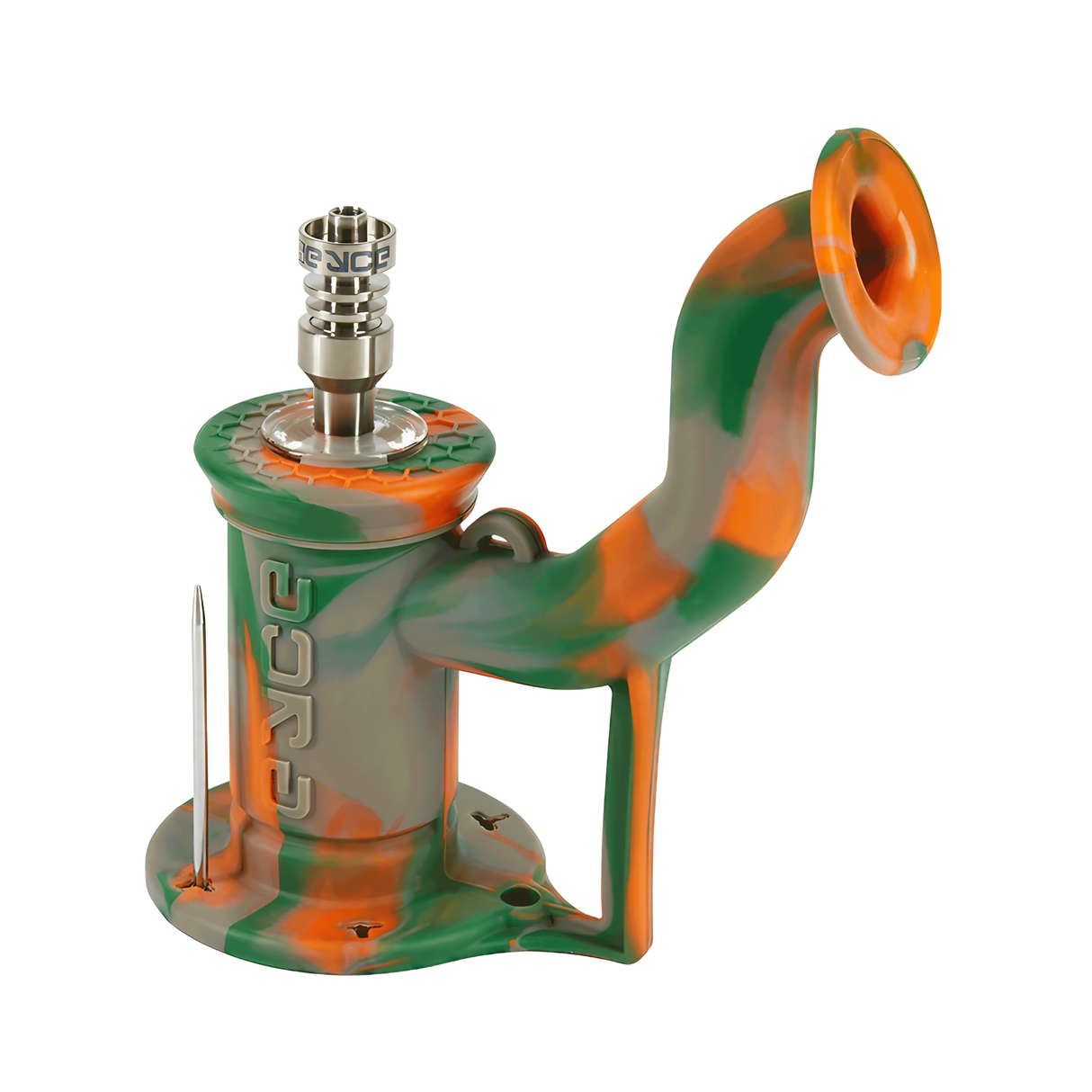 EYCE Rig 2.0 Silicone Dab Rig in Rifle Camo Orange/Green with Titanium Nail - Angled View