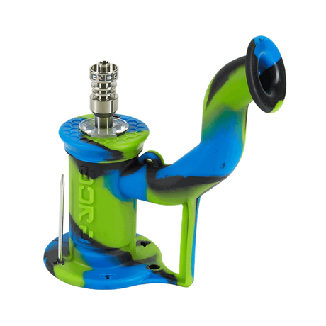 Eyce Rig II silicone dab rig in blue and green, 90-degree joint angle, portable design
