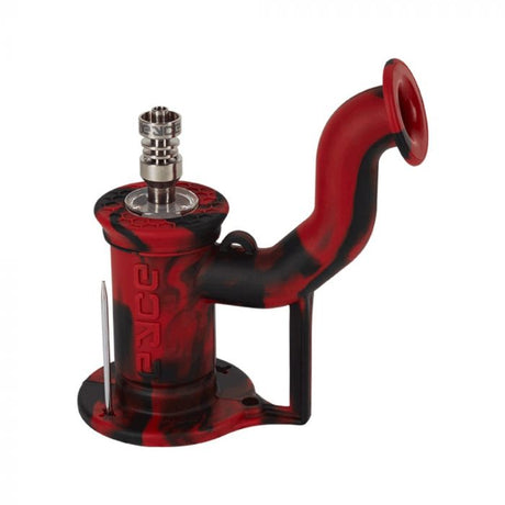 Eyce Rig II in Lucifer Red, compact silicone dab rig with titanium nail, angled side view