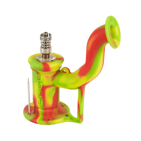 Eyce Rig II in Rasta colors, portable silicone dab rig with titanium nail, 90-degree joint, side view