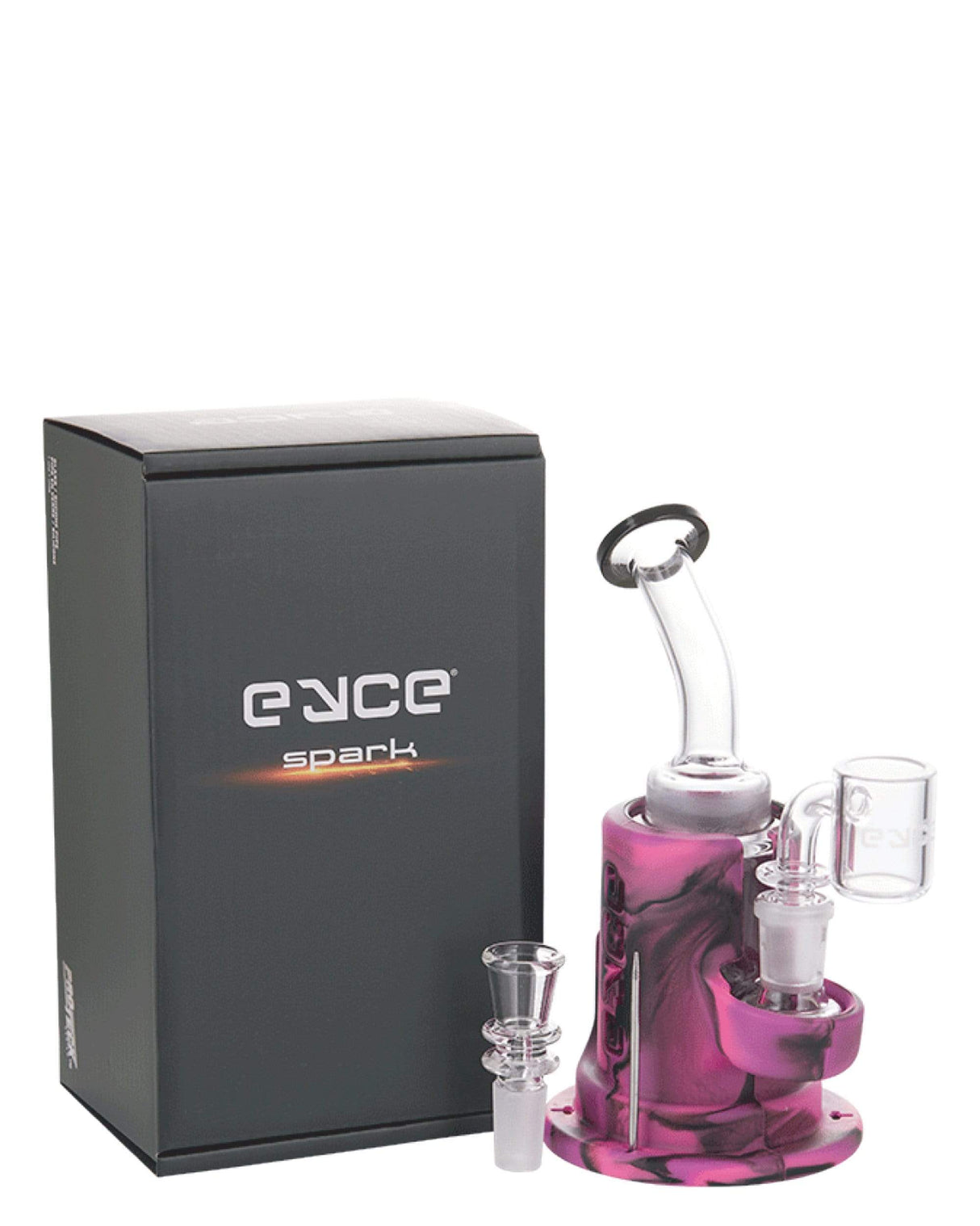 Eyce Spark Dab Rig in Purple with Showerhead Percolator and Glass Packaging