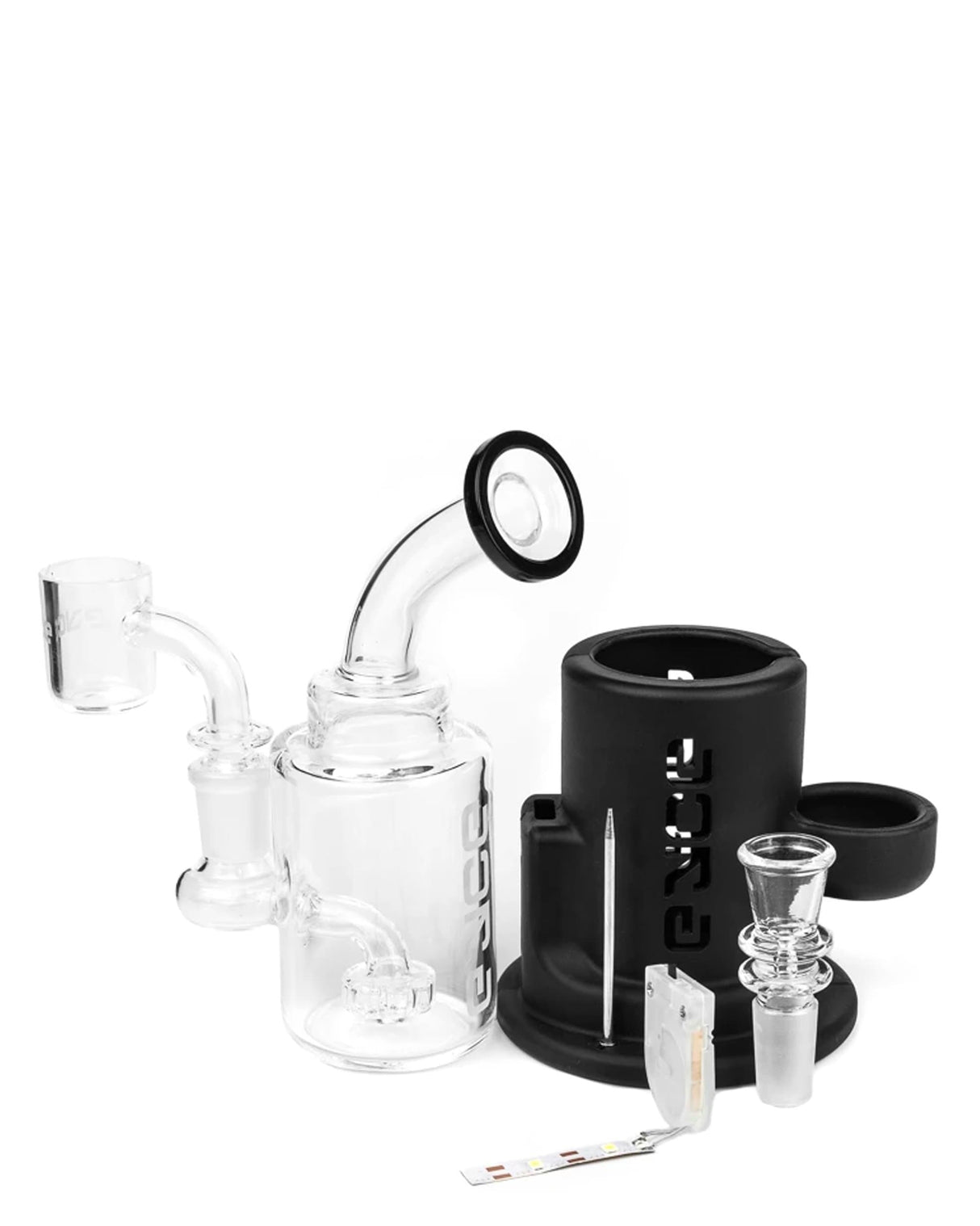 Eyce Spark Dab Rig in Black with Showerhead Percolator, Side View on White Background