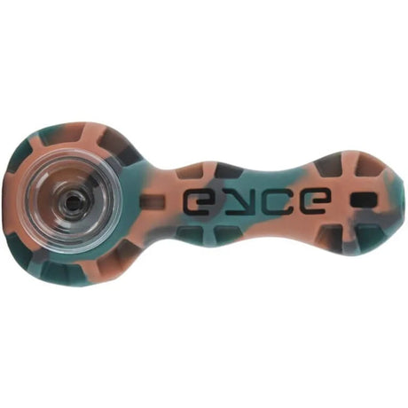 Eyce Spoon hand pipe in camo design, top view, showcasing its silicone body and glass bowl