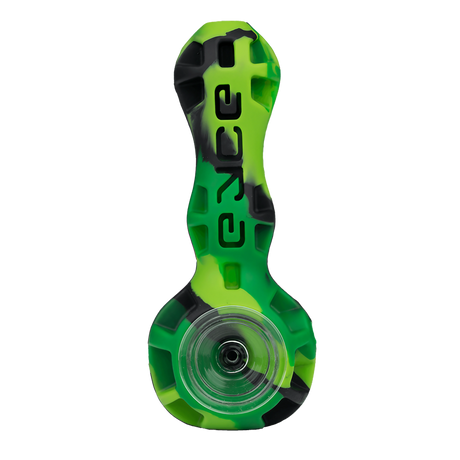 Eyce Spoon hand pipe in green and black silicone with borosilicate glass bowl, top view