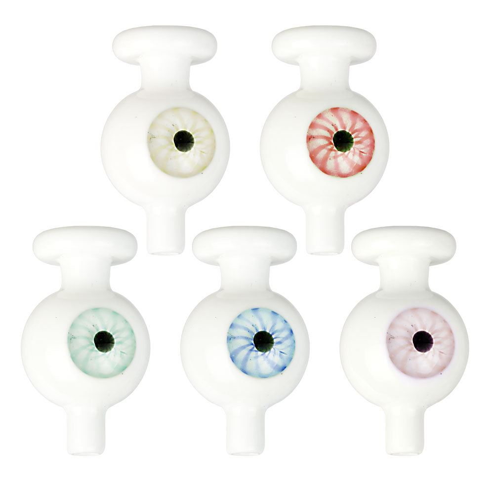 5-Pack Eye Witness Glass Ball Carb Caps with various eye designs, 25mm borosilicate glass, front view