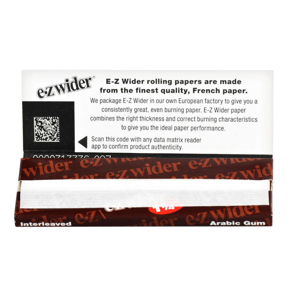 EZ Wider Rolling Papers pack open to display sheets with QR code for authenticity