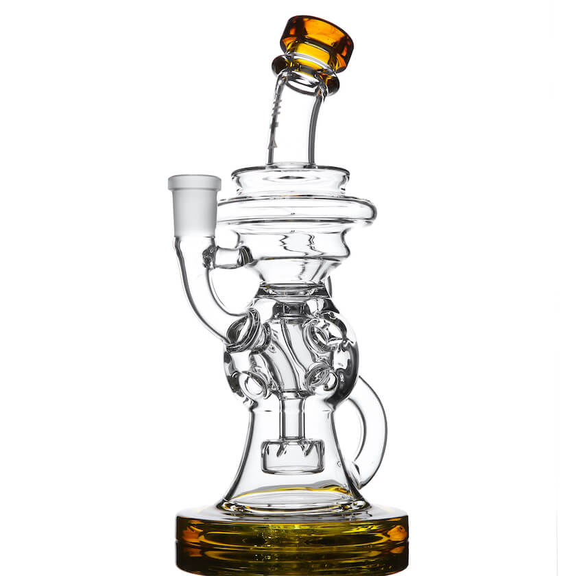 Beta Glass Labs Omega 2.0 Dab Rig with Slyme accents, 90-degree banger hanger design, front view on white