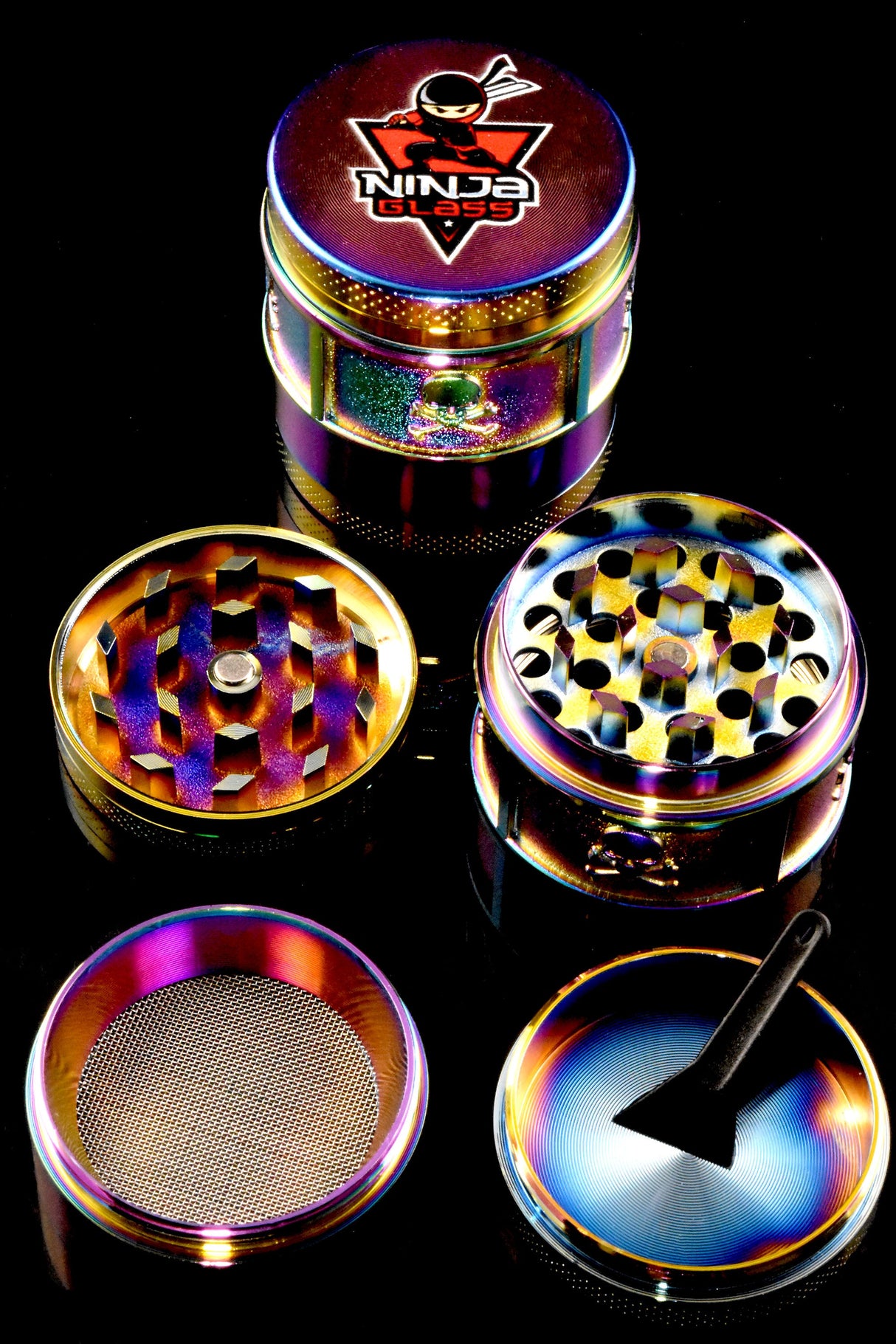 Ninja Glass Rainbow 4-Part Metal Herb Grinder – 1½″