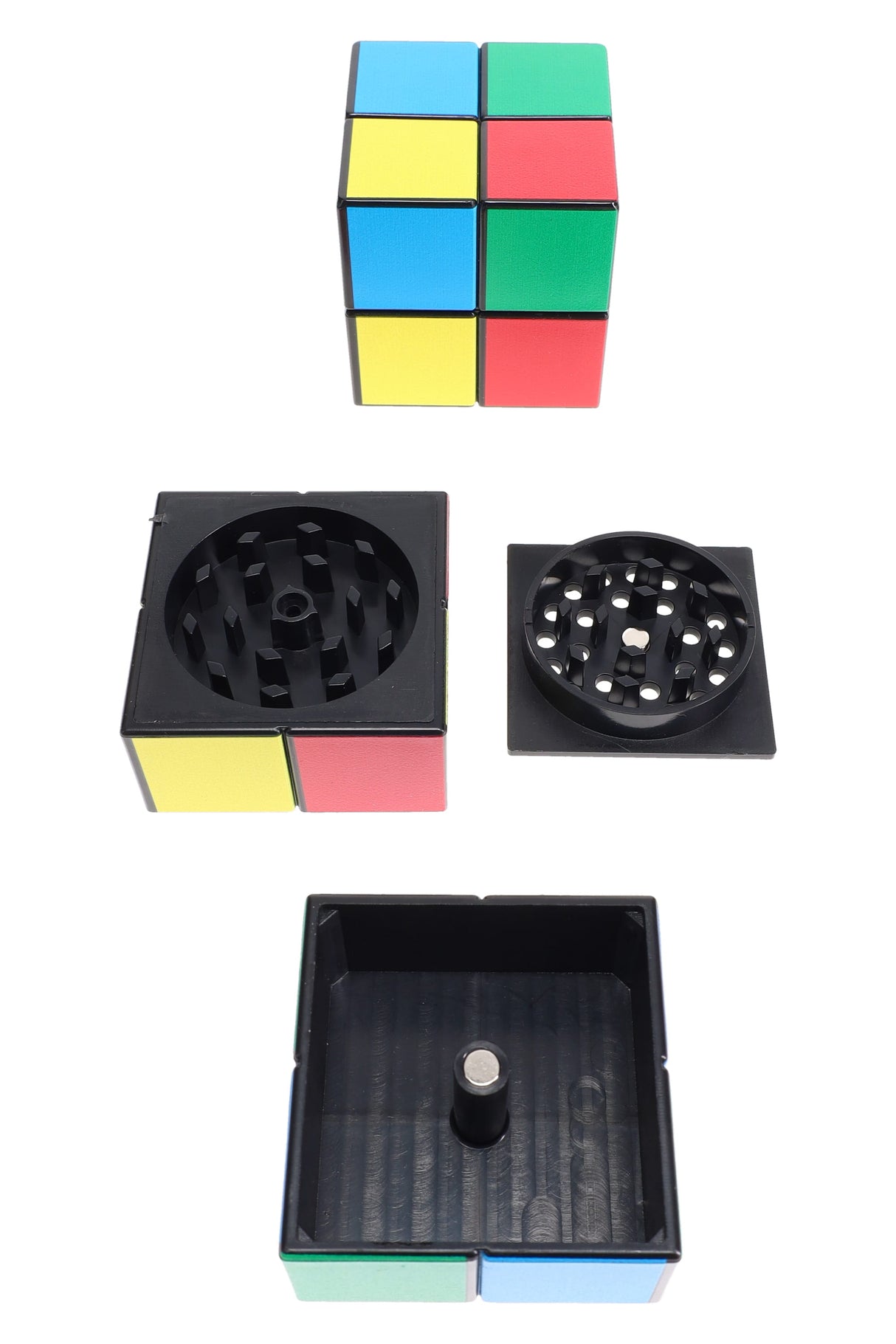 Product Image on DankGeek.com of the Plastic 3-Part Rubik’s Cube Herb Grinder “Puzzle Crush” – 1½″