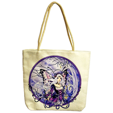 Fanciful Fairy Jute Rope-Handled Tote Bag in Purple - Front View with Artistic Design