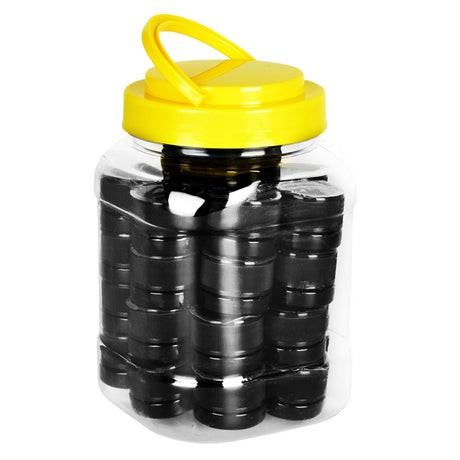 Child-resistant black glass concentrate jars in clear display case with yellow lid, ideal for storage