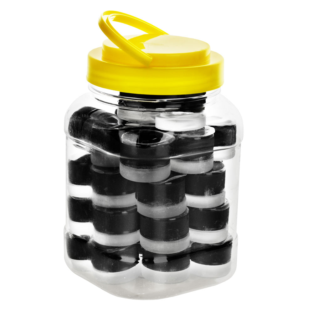 Child-resistant glass concentrate jar with black and white design, front view, ideal for storage