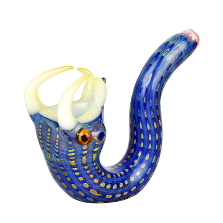 Fanged Blue Snake Glass Pipe, 5" Borosilicate, Front View on White Background