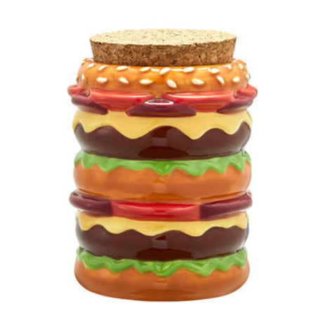 Fashioncraft Ceramic Stash Jar designed as a stacked cheeseburger with cork lid, front view