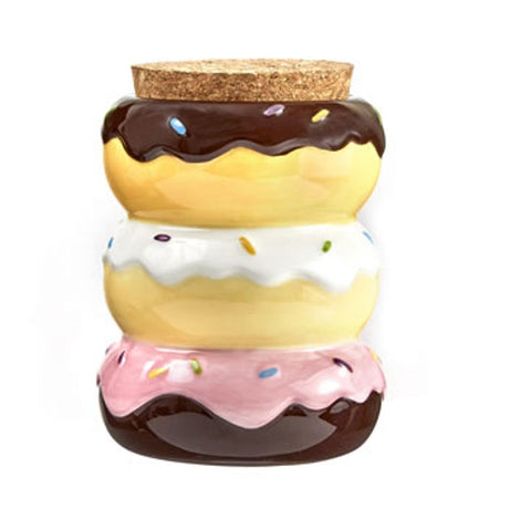 Fashioncraft Ceramic Stash Jar designed as stacked colorful donuts with cork lid, front view
