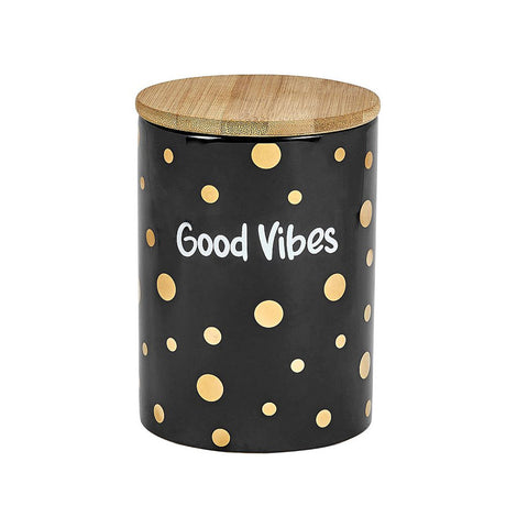 Fashioncraft Stash Jar - Good Vibes - Black with Gold Polka Dots and Bamboo Lid