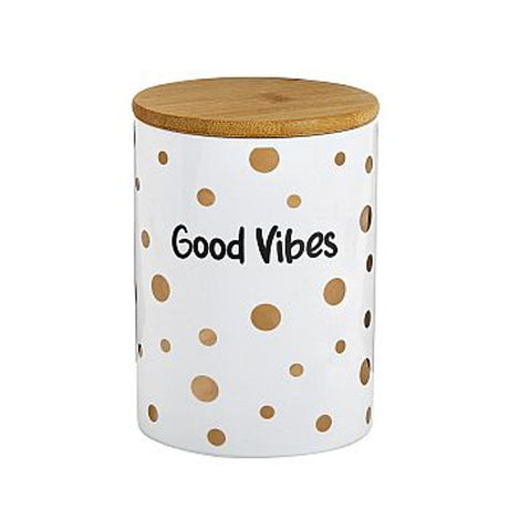 Fashioncraft Stash Jar - Good Vibes, Ceramic with Wood Lid, Front View on White