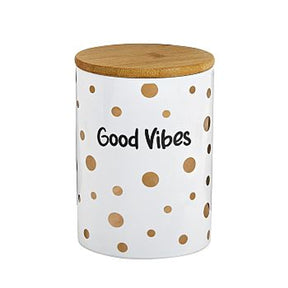 Fashioncraft Stash Jar - Good Vibes, Ceramic with Wood Lid, Front View on White