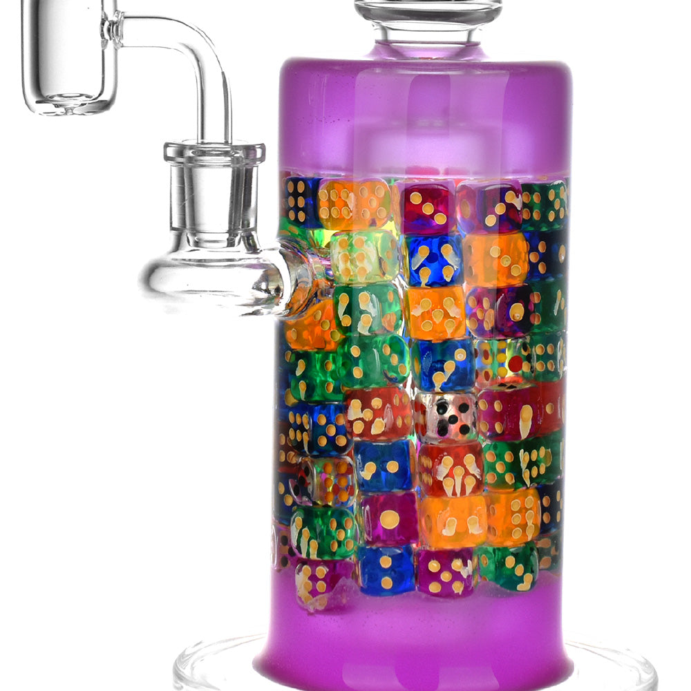 Feelin' Lucky Glass Dab Rig with colorful disc percolator and UV accents, side view