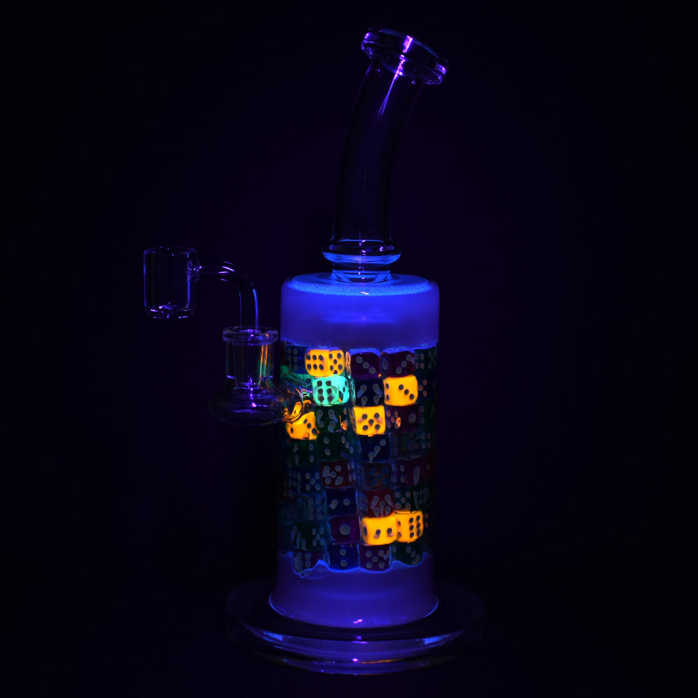 Feelin' Lucky Glass Rig with UV Accents and Disc Percolator - Front View in Dark