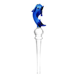 Blue dolphin figurine dab straw, 5.75", borosilicate glass, front view on white background