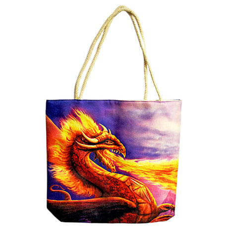 Fire Dragon Jute Rope-Handled Tote Bag, Black Canvas, 17"x15" Front View