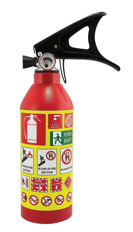 Red Fire Extinguisher Security Container front view with safety instruction stickers