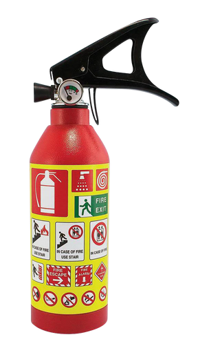Red Fire Extinguisher Security Container front view with safety instruction stickers