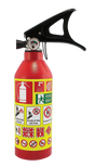 Red Fire Extinguisher Security Container front view with safety instruction stickers