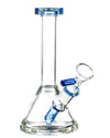 Valiant Distribution Fixed Downstem Mini Beaker Bong in Blue, Clear Glass, 6" Height, Side View