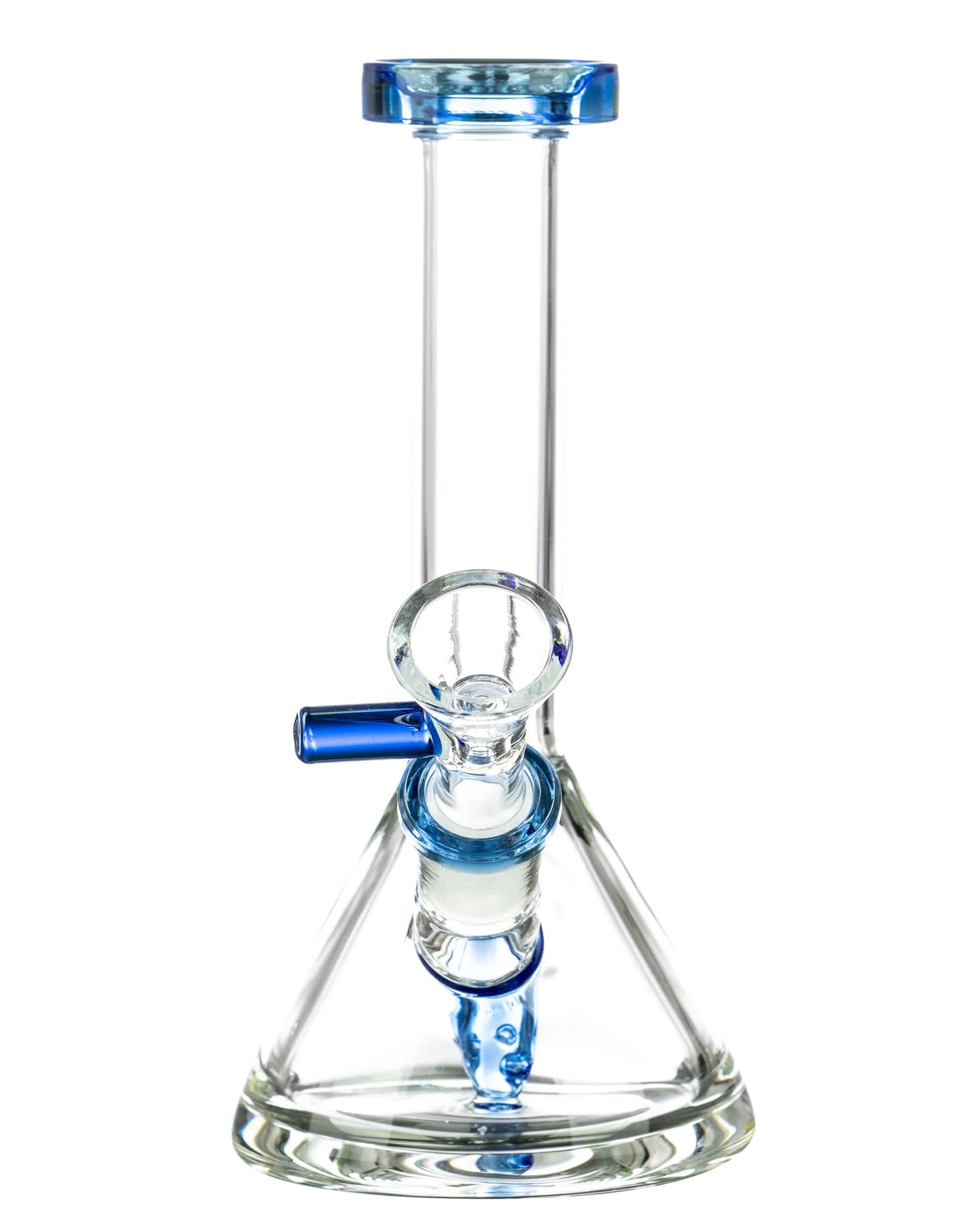 Valiant Distribution Fixed Downstem Mini Beaker Bong in Blue, Clear Glass, Front View