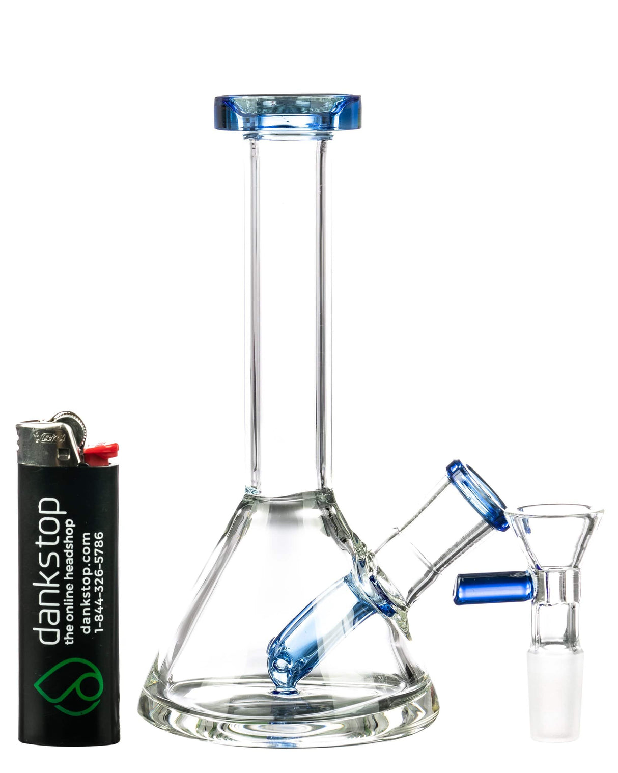 Valiant Distribution Fixed Downstem Mini Beaker Bong in blue, clear glass, side view with lighter for scale