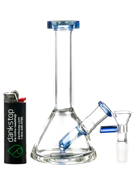 Valiant Distribution Fixed Downstem Mini Beaker Bong in blue, clear glass, side view with lighter for scale