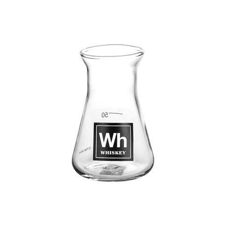 Borosilicate glass flask shot glass with whiskey label, 2.75oz capacity, front view on white background