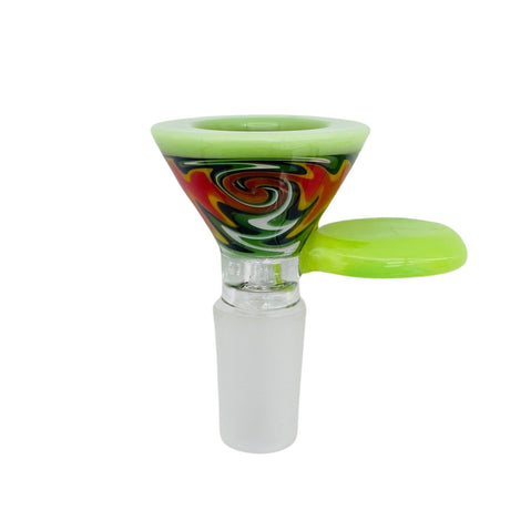MAV Glass Flat Handle Full Wig Wag Cone Bowl with vibrant color swirls, front view on white background